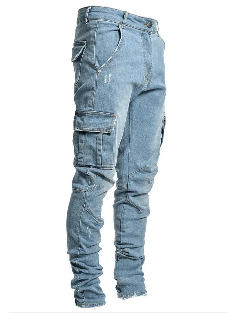 Mens denim cargo pants wrapped in multiple pockets ripped blue jeans spring hiphop boys clothing pencils mens 240816