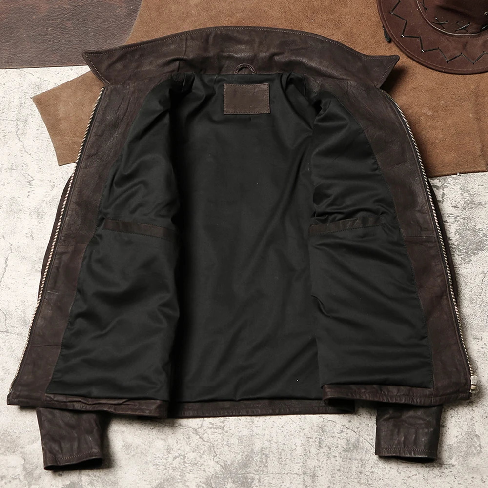 Retro fashion motorcycle mens jacket Distressed Suede Goatkin flight suit sheepskin coat 240816