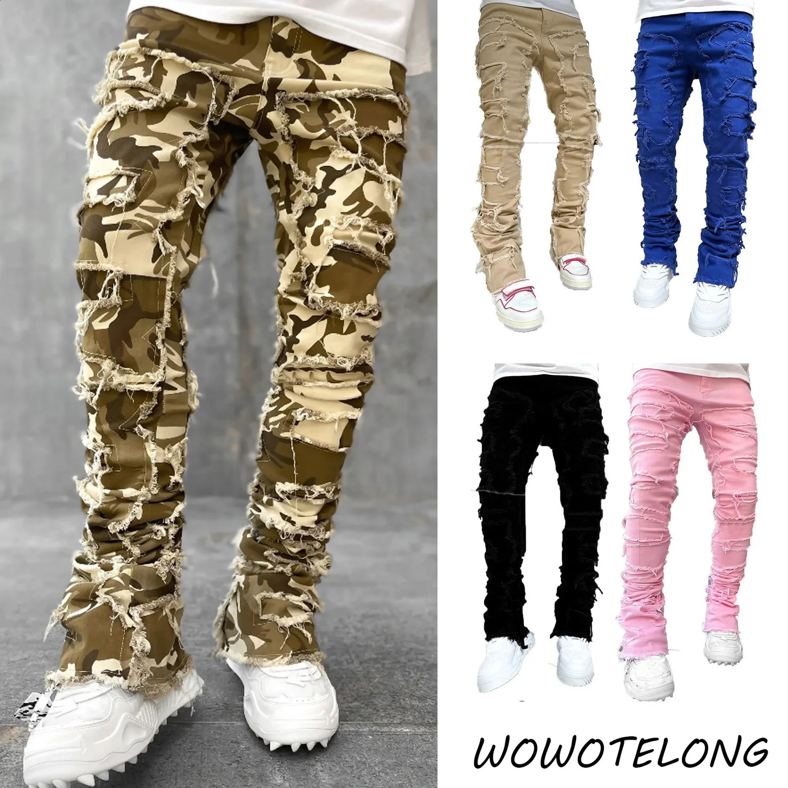Mens cracked blue pleated patch bicycle jeans streetwear holes Distressed w240816