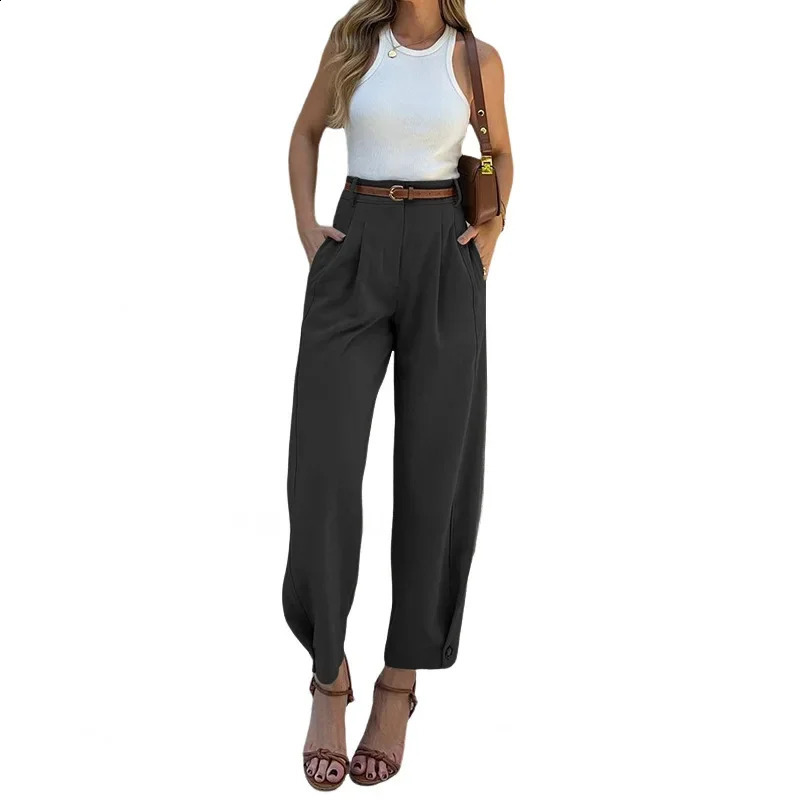 Women Pants Temperament High Waist Cargo Pants Zipper Fly Female Ankle Trousers Pantalones Pockets Casual Nine-point Suit Pants 240816