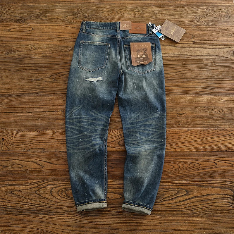 Red Selvedge Denim Jeans for Men High Quality 125oz Tapered Straight Pants Distressed Patch American Vintage Y2k Cityboys 512 240816