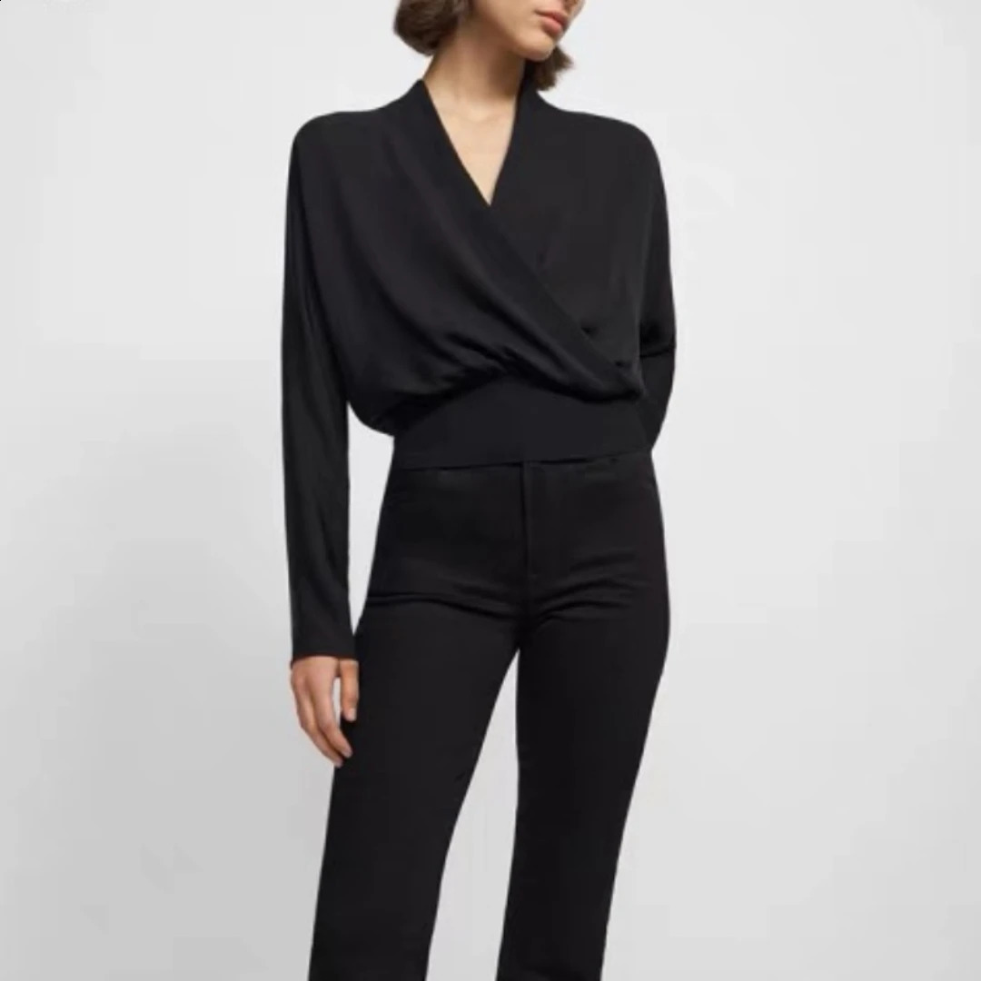 Classic Silk Office Womens Cross Front Long Sleeve Ribbed Belt Splicing Work Style Shirt 240814