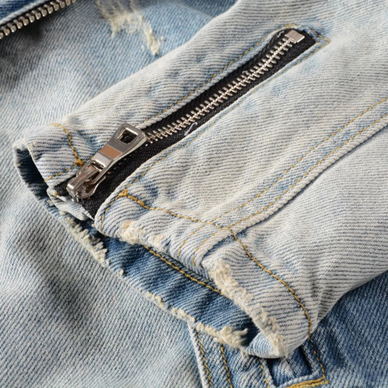 Sokotoo Mens holes ripped blue jean biker jacket for motorcycle Streetwear zippers turn down collar denim coat Outerwear 240816