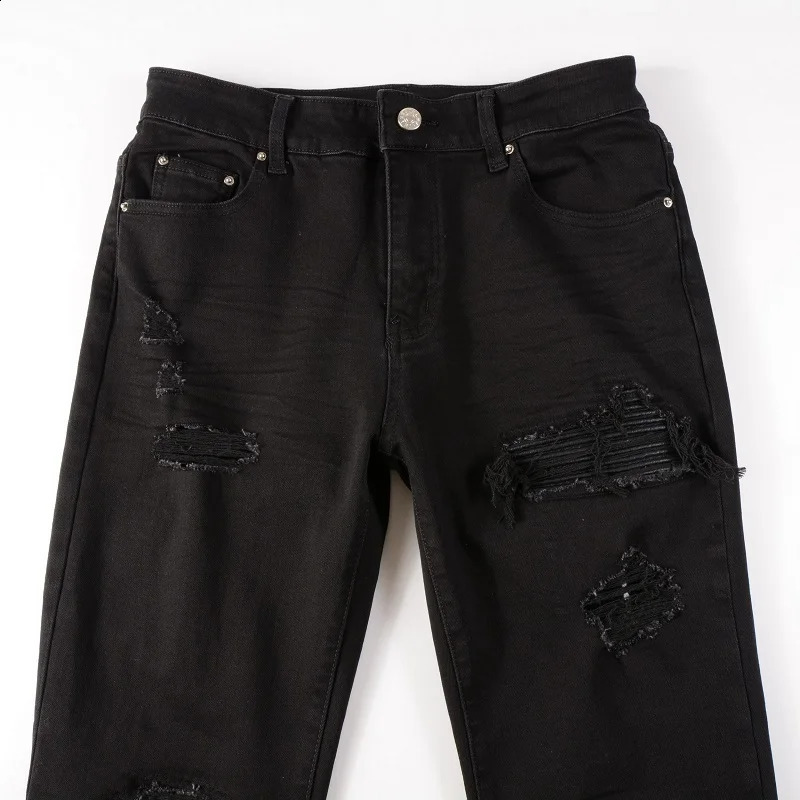 Black EU Drip jeans street ultrathin fit Distressed Holes black leather ribs patchwork stretch suitable for young boys 240816