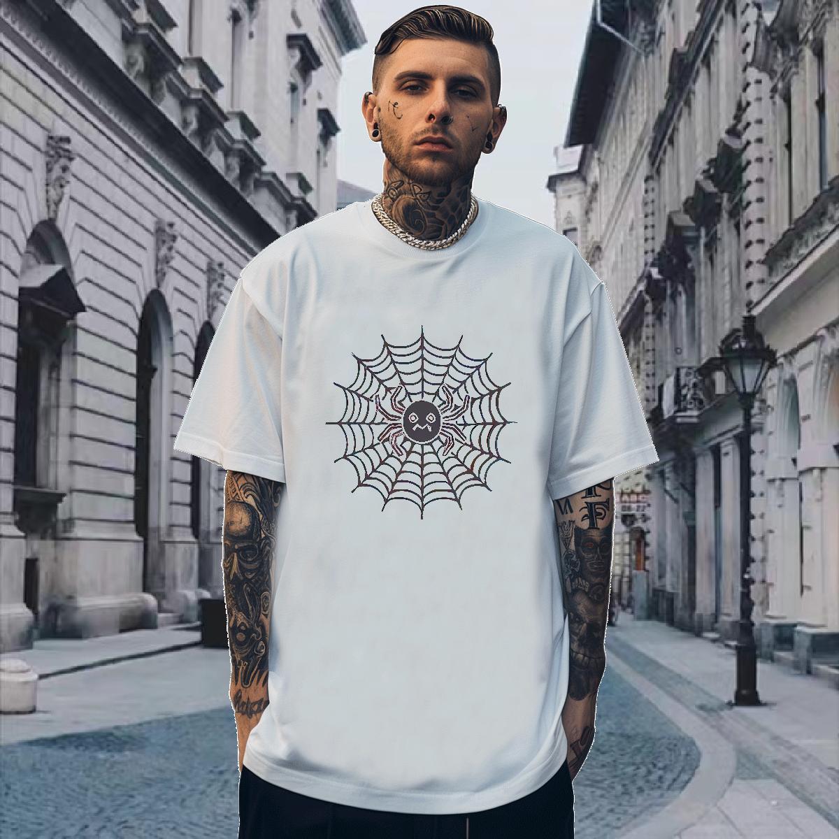 Cool Men T Shirts 230g 100% Cotton spider web High Street Hip Hop Customized Print Breathable Short Sleeve Couples T Shirts 2024 Summer Tshirts
