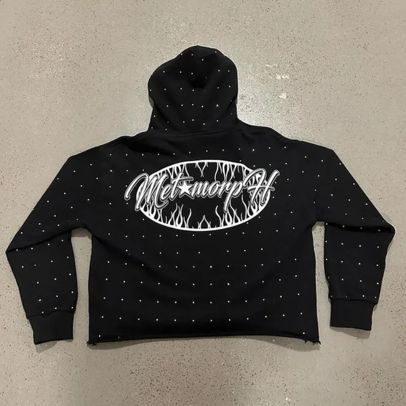 Rhinestone Hoodies Women Gothic Black Pullover Oversized Sweatshirts Female Retro Harajuku Hooded Jacket Y2K Streetwear Men Top 240816