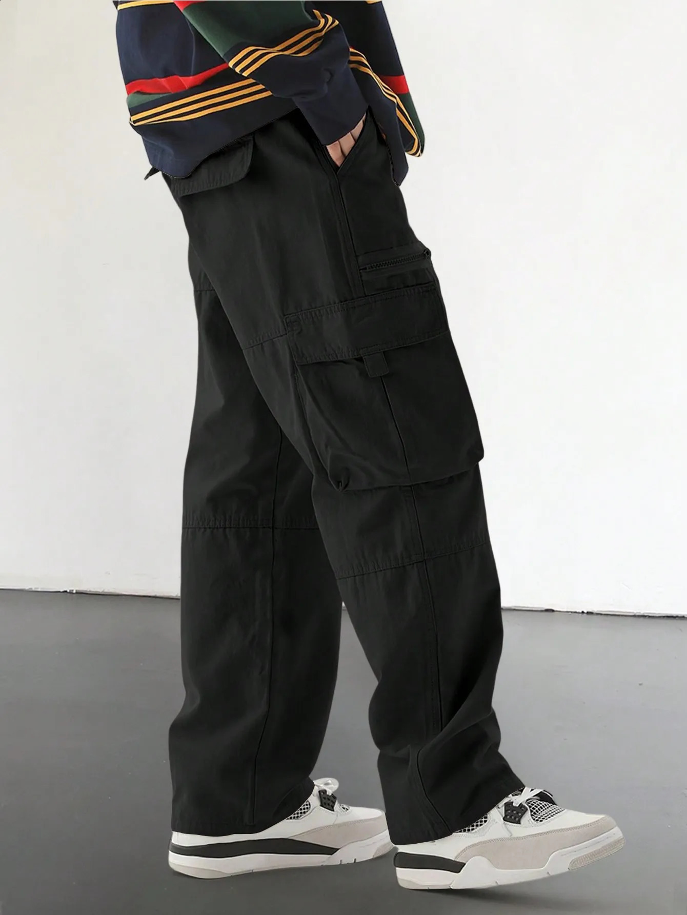 Mens Drawstring Trendy Flap Pockets Cargo Pants 240810