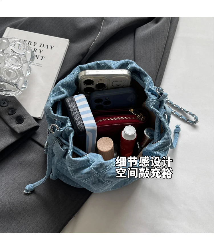 Denim Bucket Shoudler Crossbody Bag for Women Casual Tote Handbag and Purses 2024 Trendy Clutches Ladys Messenger 240816Z