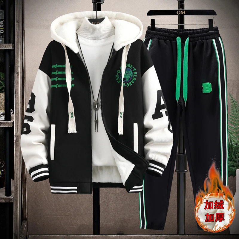 Winter Hooded JacketPant 2-piece Set Men Set Sports Suit Fleece Thickened Sportswear Casual Men Tracksuit 240821
