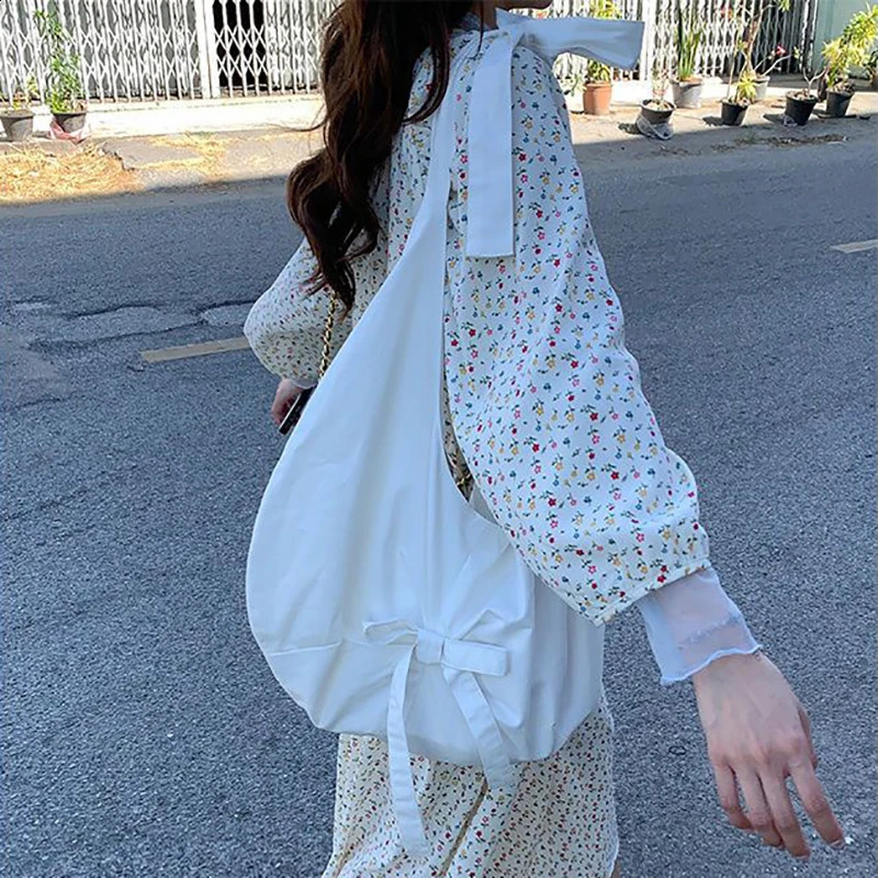 Student Tote Sweet Korean Fashion Bowknot Handbags for Women Portable Makeup Canvas Bag Pencil Case Storage Bags