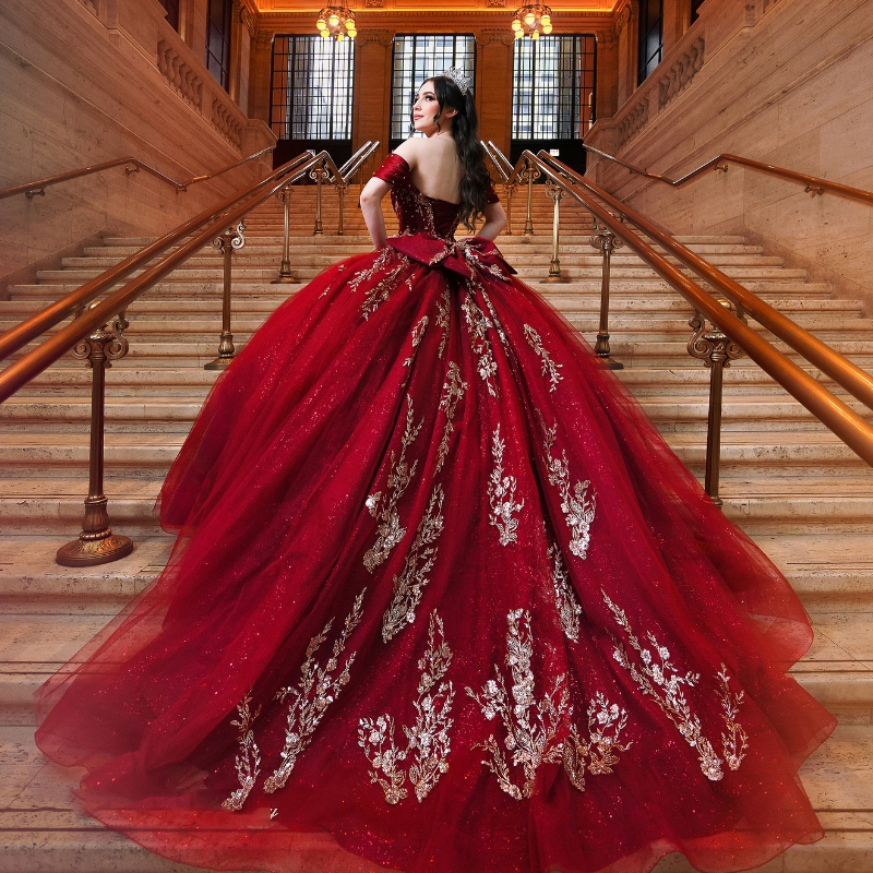 Mexican Red Shiny Quinceanera Dress Ball Gown Gold Lace Applique Beaded Crystals Tull Corset Sweet 16 Vestidos De XV 15 Anos