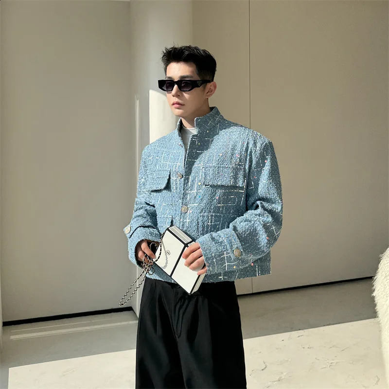 NOYMEI Denim Sequin Short Jacket Mens Fashion All-match Pockets Decoration Stand Collar Spring Korean Style Coat WA4033 240816