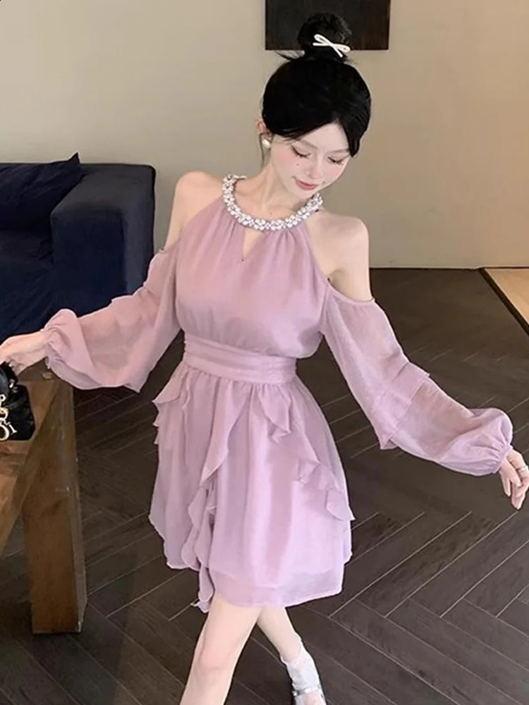 Autumn Fairy Pure Color Short Party Dress Korean Fashion Elegant Mini Dress Woman Casual Long Sleeve Dress Female 240816