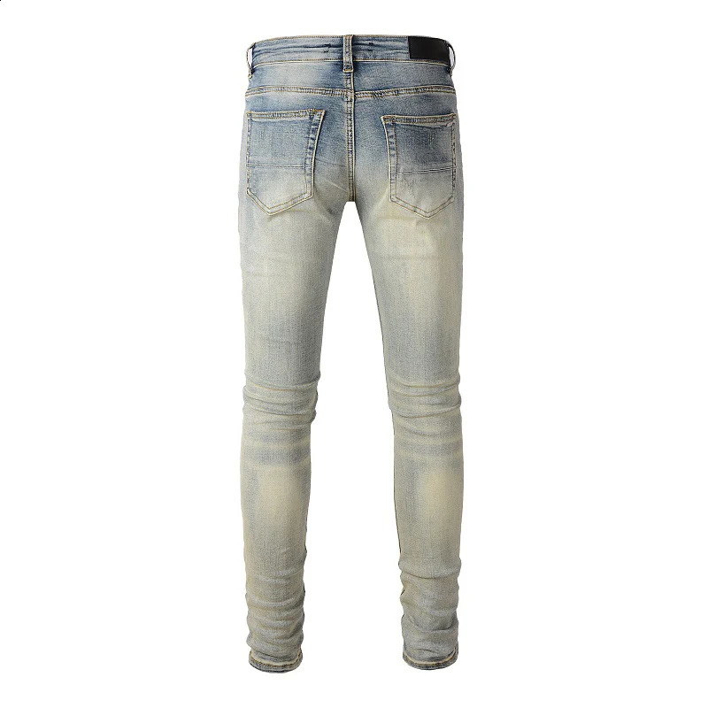 Mens Distressed Blue Bandanna Patch Work Hole Repair Tight Elastic Mouse Slim fit Open Back Jeans 240816