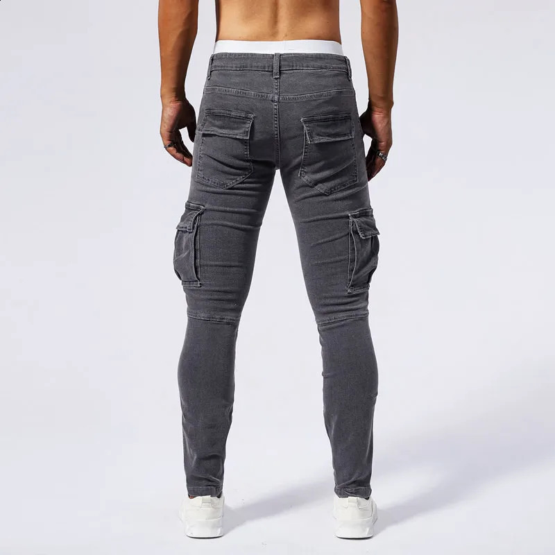 Slim Fit Large Pocket Jeans Cargo Pants for Men Fashionable Casual Hip Hop Stretch Denim Long Pants Male Streetwear Track Pants 240814