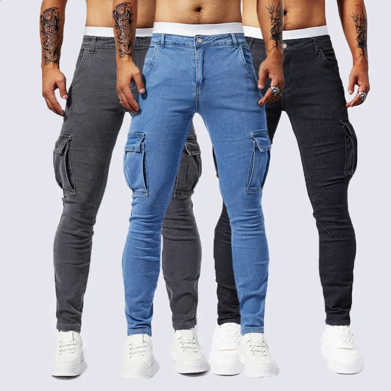 Slim Fit Large Pocket Jeans Cargo Pants for Men Fashionable Casual Hip Hop Stretch Denim Long Pants Male Streetwear Track Pants 240814