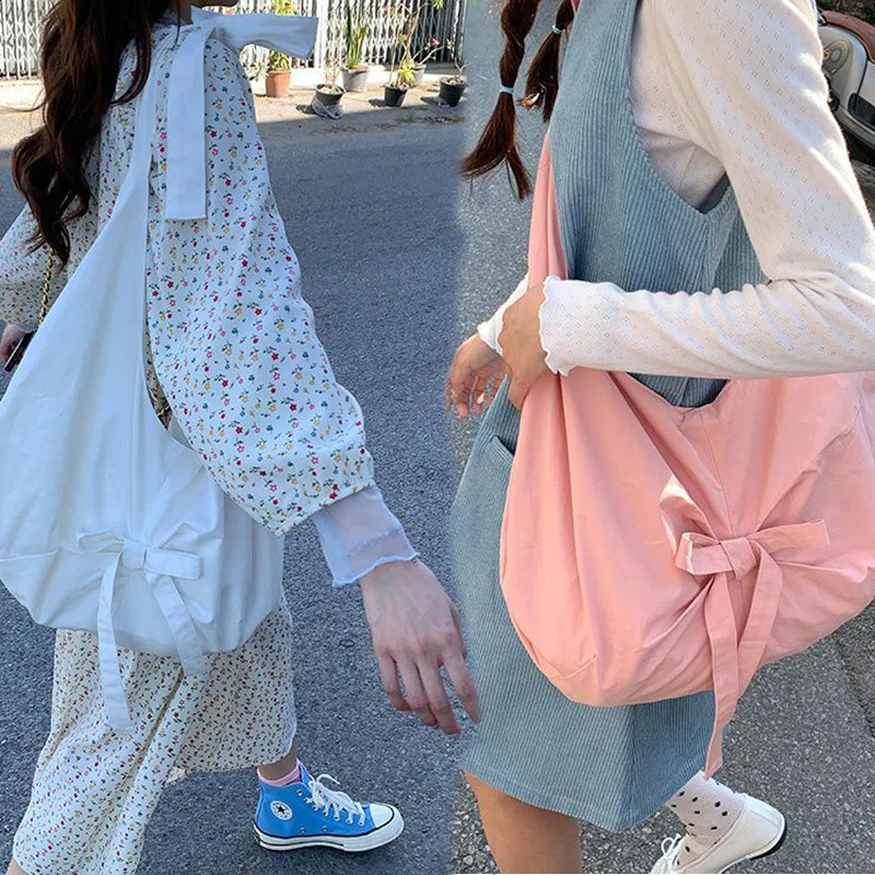 Student Tote Sweet Korean Fashion Bowknot Handbags for Women Portable Makeup Canvas Bag Pencil Case Storage Bags