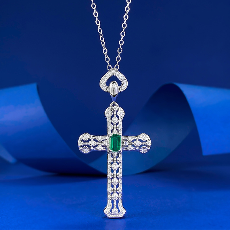 Choucong Cross Pendant French Vintage Jewelry Real 100% Sterling Sier 3MM*5MM Emerald Moissanite Dia Party Women Elegant Clavicle Necklace Gift