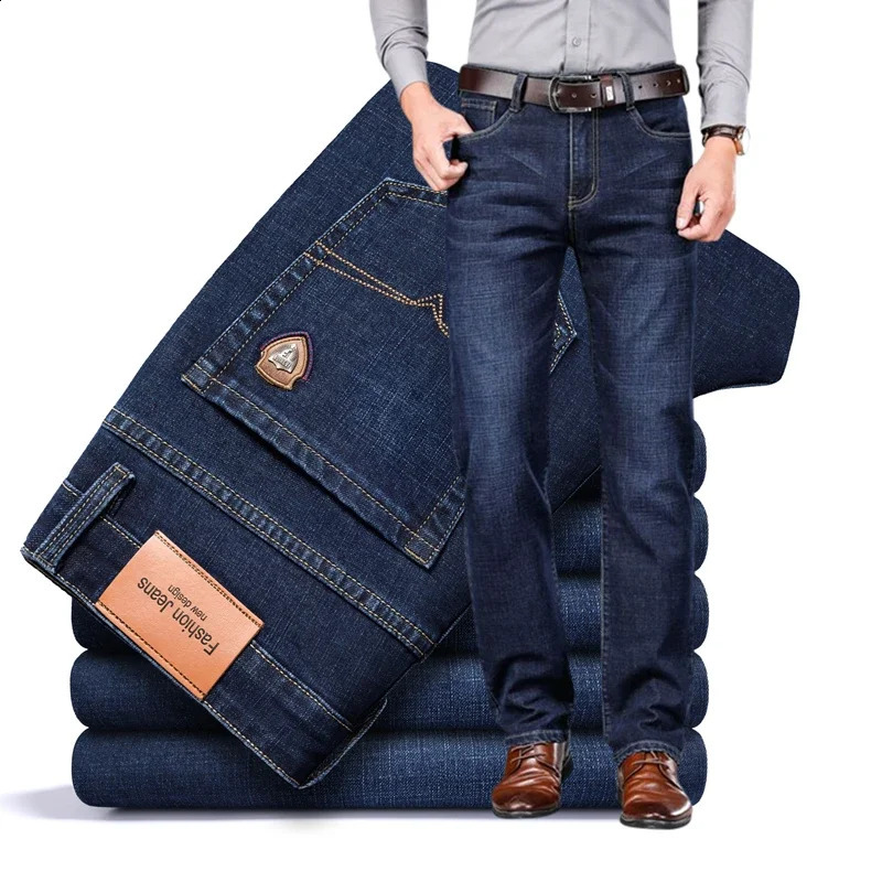 SHAN BAO 2024 autumn spring fitted straight stretch denim jeans classic style badge youth mens business casual trousers 240816