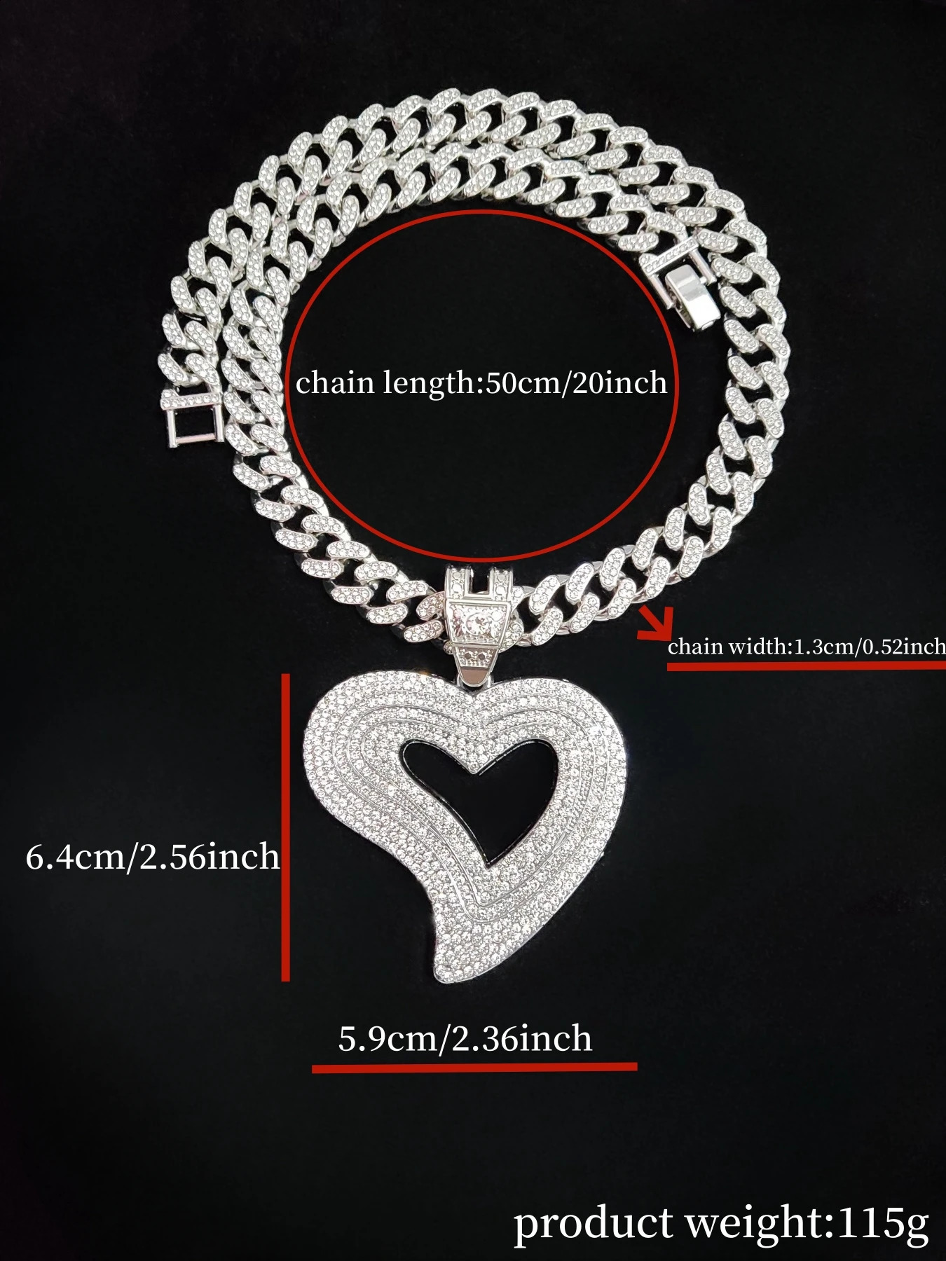 Mens Womens Hip Hop Heart Pendant Necklace Cuban Chain Hip Hop Ice Out Sparkling Hip Hop Necklace Fashion Jewelry 240810