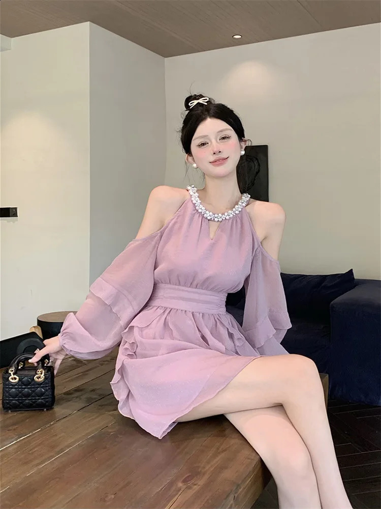 Autumn Fairy Pure Color Short Party Dress Korean Fashion Elegant Mini Dress Woman Casual Long Sleeve Dress Female 240816