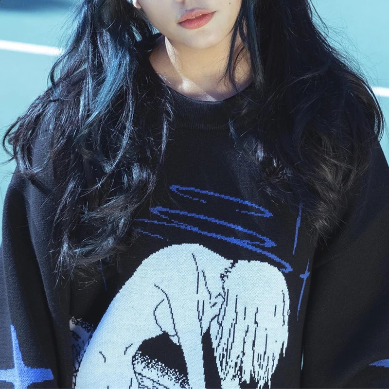 Womens Knitting Cute Anime Print Pattern O Neck Pullover Sweater Streetwear Girls Oversized Harajuku Knitwear Womens Y2k 240812