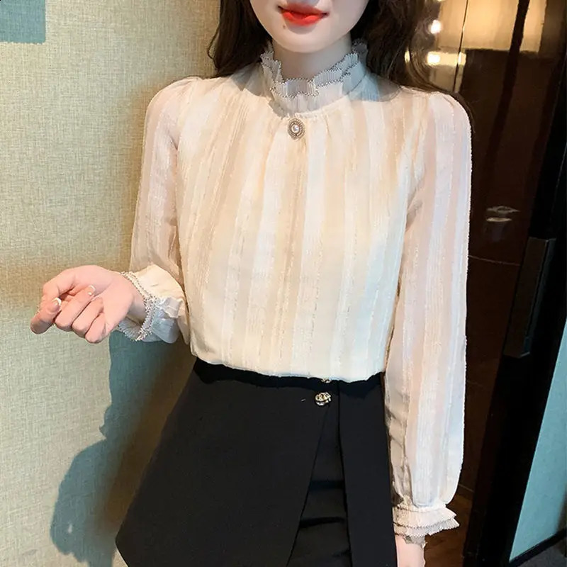 Womens fashionable retro pleated bead sweet shirt elegant and unique stand up collar chiffon womens casual long sleeved solid top 240814