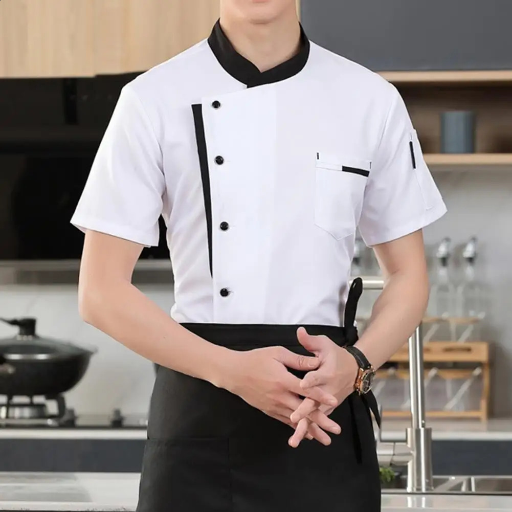 Sweat-wicking Chef Shirt el Kitchen Chef Uniform Set Hat Apron Shirt Unisex Stand Collar Short Sleeve Single-breasted 240816