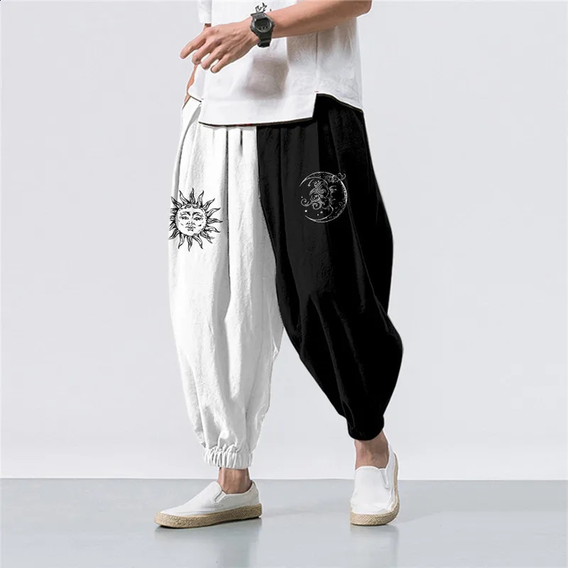 Oversize 6XL White Black Sun Moon Splicing Printed Casual Beach Harem Pants Men Hip Hop Nine Points Trousers Jogger Sweatpants 240816