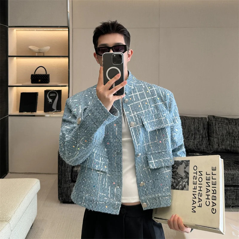 NOYMEI Denim Sequin Short Jacket Mens Fashion All-match Pockets Decoration Stand Collar Spring Korean Style Coat WA4033 240816