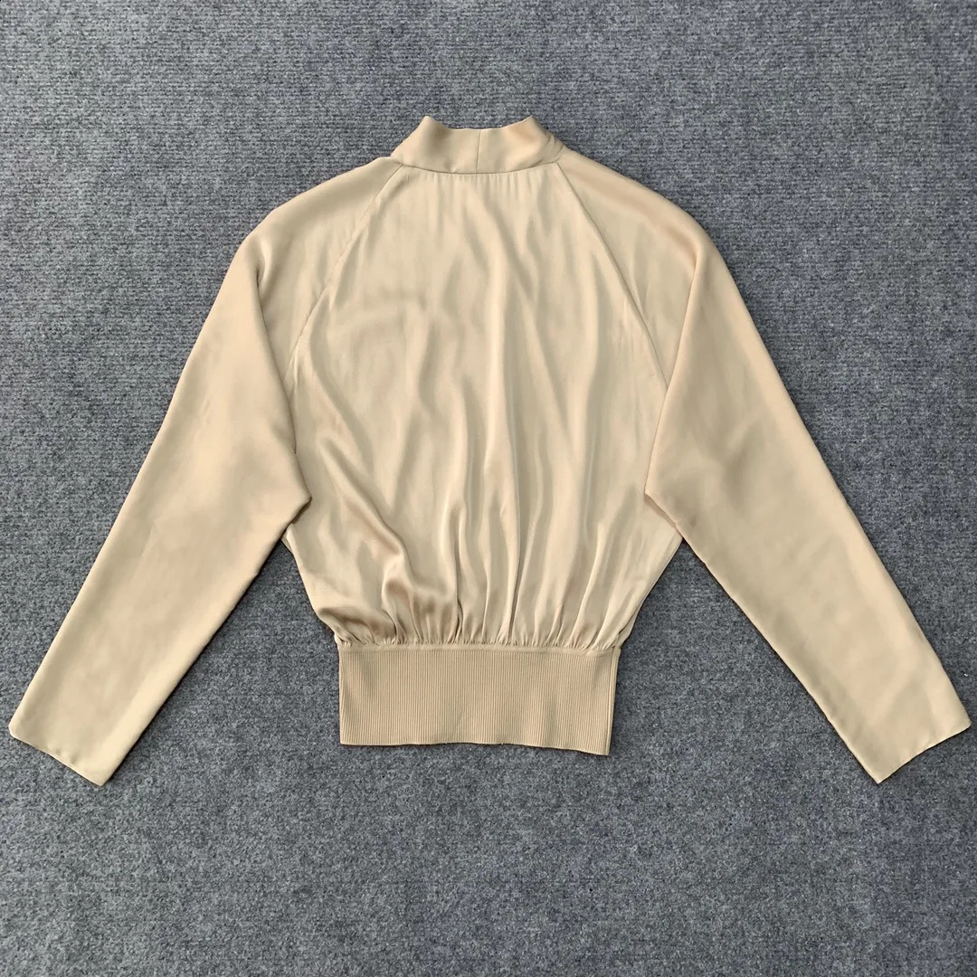 Classic Silk Office Womens Cross Front Long Sleeve Ribbed Belt Splicing Work Style Shirt 240814