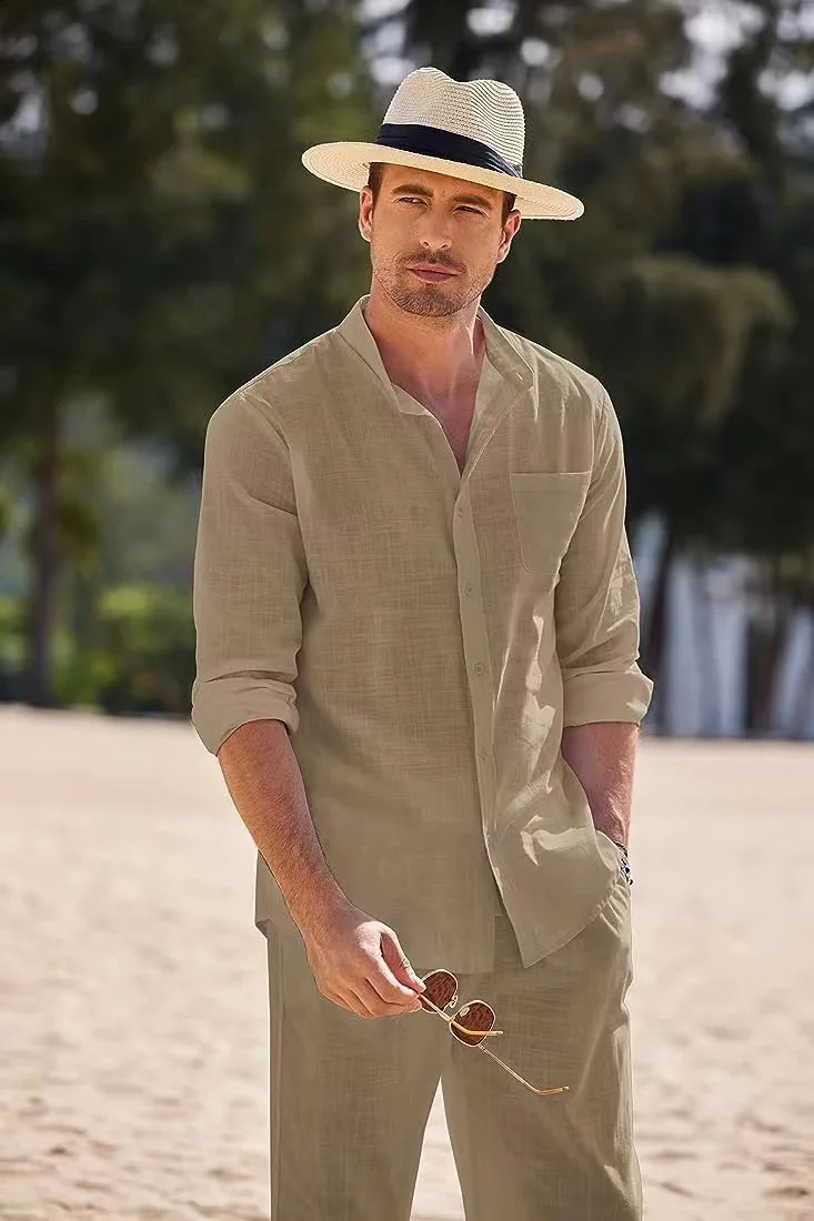Khaki Long Sleeves Autumn Suit Set 2 Pieces Mens Beach Casual Linen Loose Shirt Trousers Sports Workwear Male Outfit Cloth 240821