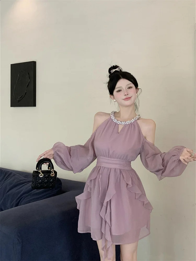 Autumn Fairy Pure Color Short Party Dress Korean Fashion Elegant Mini Dress Woman Casual Long Sleeve Dress Female 240816