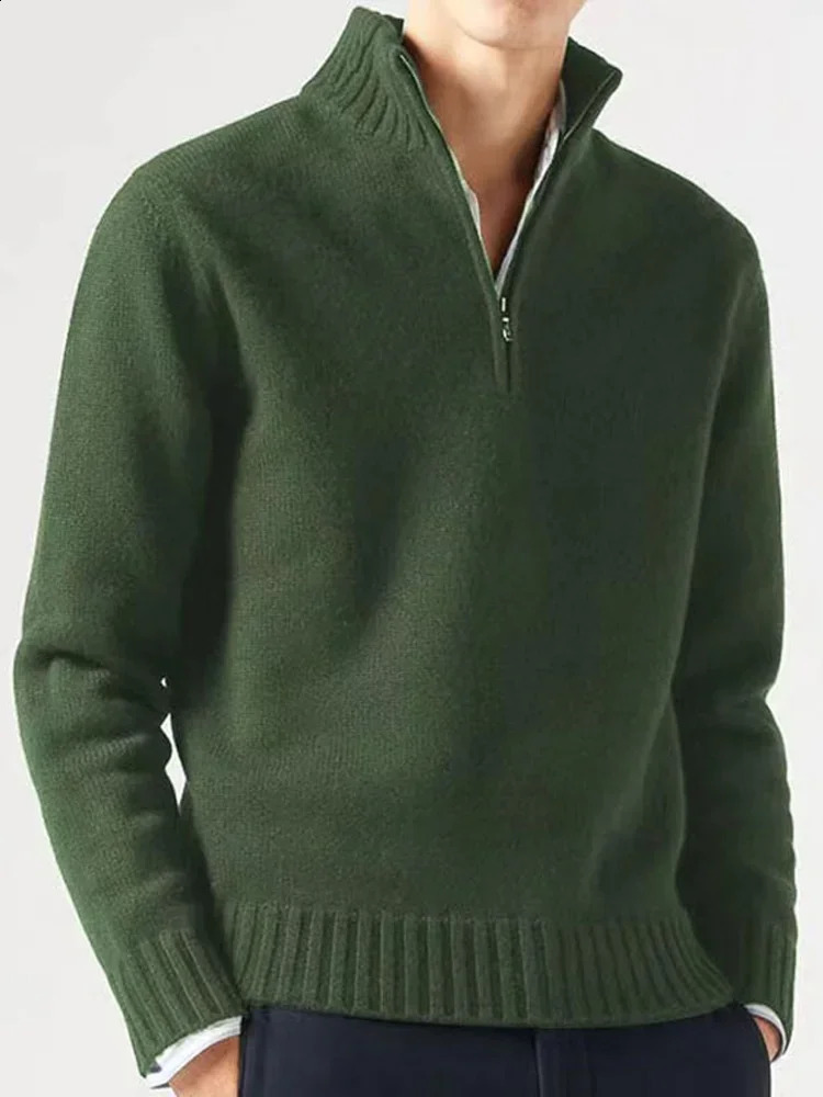 Mens Fashion Zipper Turtleneck Sweaters Casual Solid Long Sleeve Warm Knitted Pullover Winter Cashmere Thicken Jumpers 240816