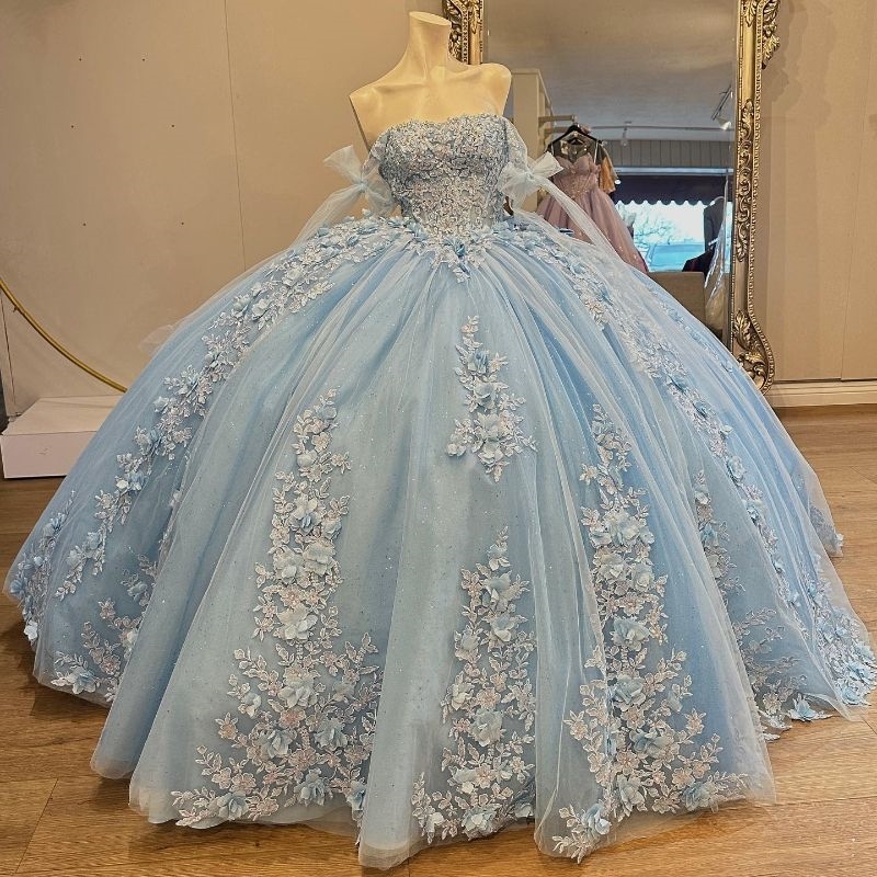 Shiny Quinceanera Dresses Gowns Ball Off the Shoulder 3D wer Applique Bead Tull Sweet 16 Vestidos De XV 15 Anos