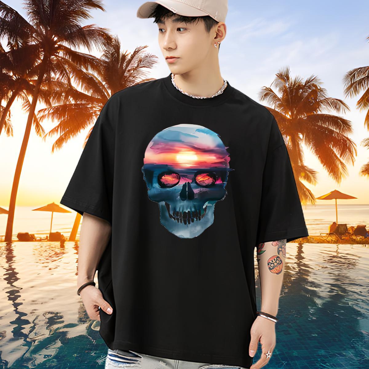 Brand T Shirts Men 230g 100% Cotton skull Spring Summer DIY Printed Breathable Short Sleeve Mens Tshirts Fashion Casual Clothings