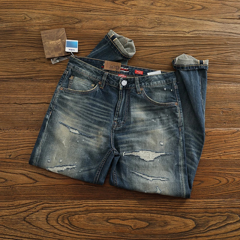 Red Selvedge Denim Jeans for Men High Quality 125oz Tapered Straight Pants Distressed Patch American Vintage Y2k Cityboys 512 240816