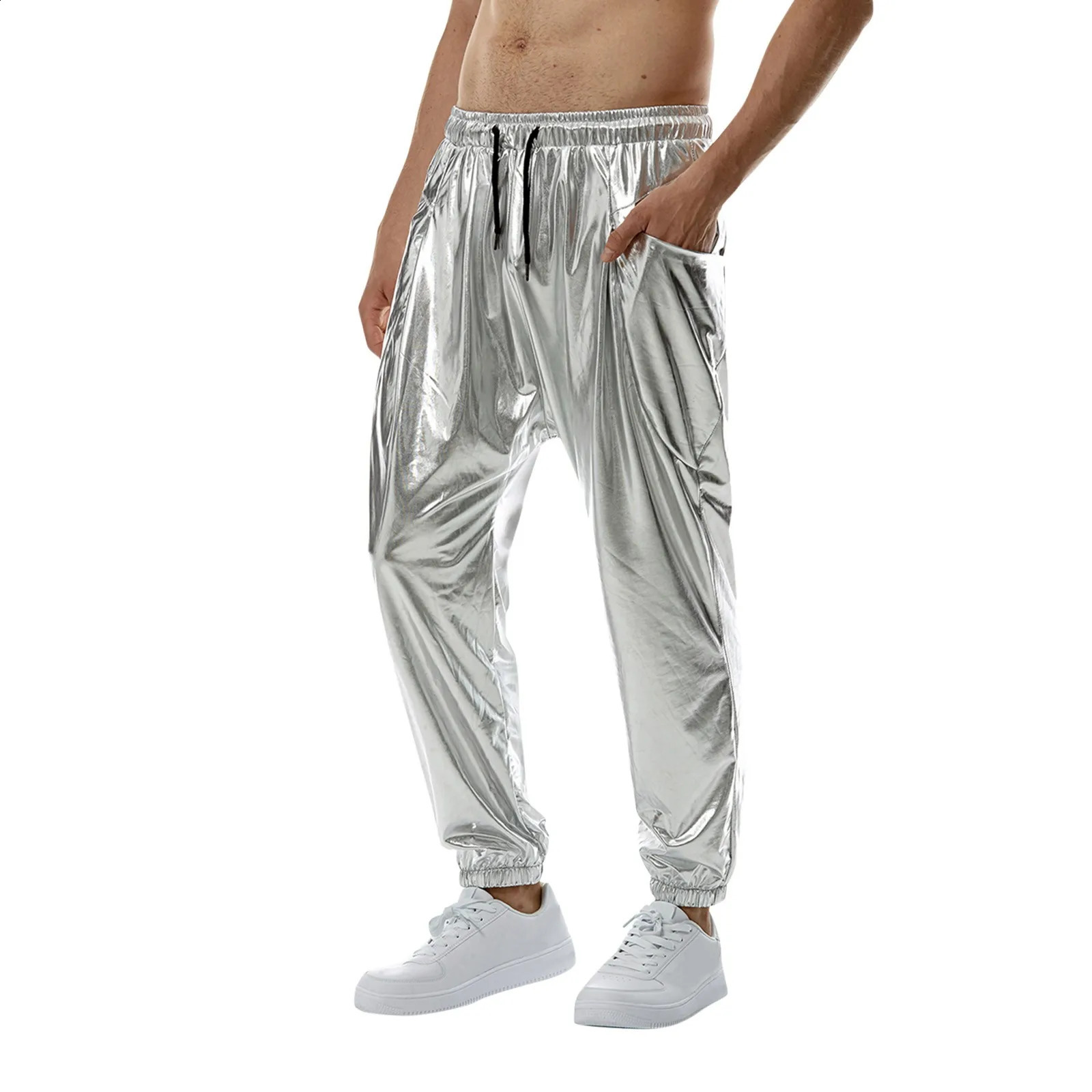 Mens Shiny Silver Metallic Jogger Sweatpants Hip Hop Wet Look Trousers Men Club Party Festival Prom Streetwear Pantalones Hombre 240816CJ