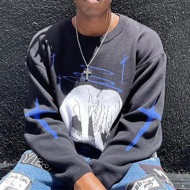 Womens Knitting Cute Anime Print Pattern O Neck Pullover Sweater Streetwear Girls Oversized Harajuku Knitwear Womens Y2k 240812