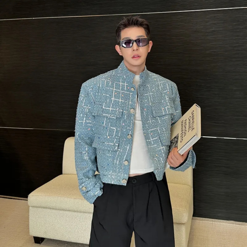 NOYMEI Denim Sequin Short Jacket Mens Fashion All-match Pockets Decoration Stand Collar Spring Korean Style Coat WA4033 240816