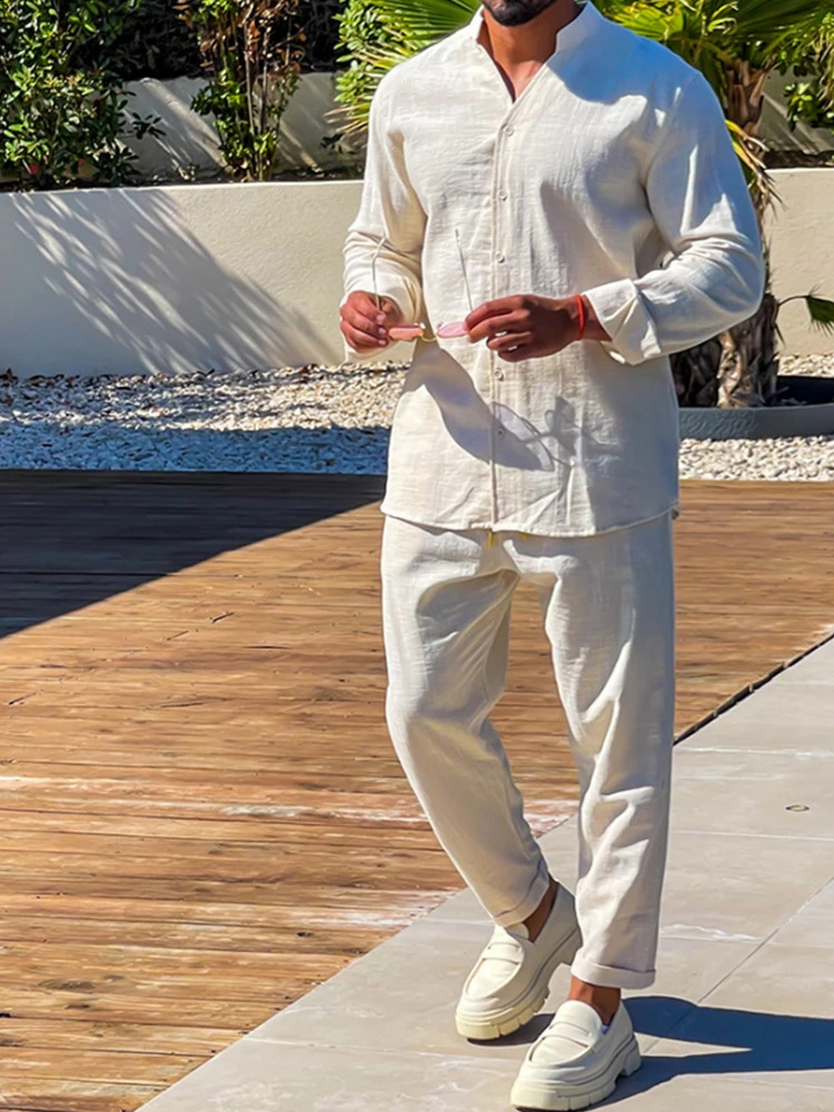 Casual Cotton Tracksuits Mens Autumn Long Sleeve Stand Collar Tops And Pants Two Piece Sets Men Vintage Solid Color Loose Sutis 240821