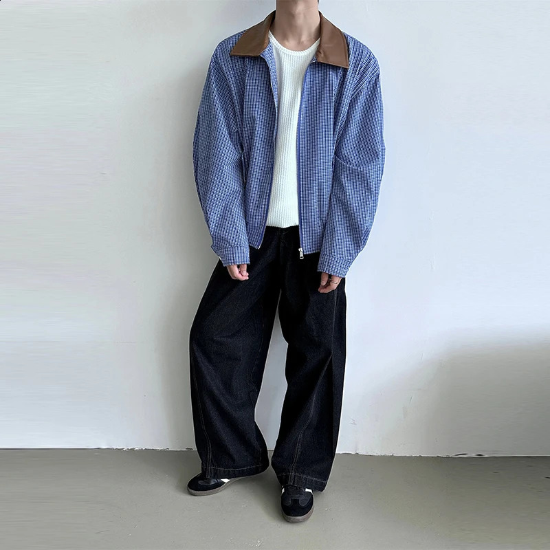 Mens Leisure High Street Blue Plaid Jacket Streetwear Turn-down Collar Korean Harajuku Clothes Long Sleeve Zipper Coats 240816