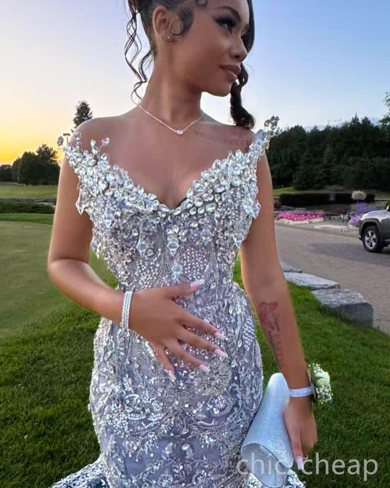2024 Silver Mermaid Prom Evening Dress Rhinestons Beaded Promdress Fulllace Party Formal Birthday Second Gowns Dresses For Special Occasions