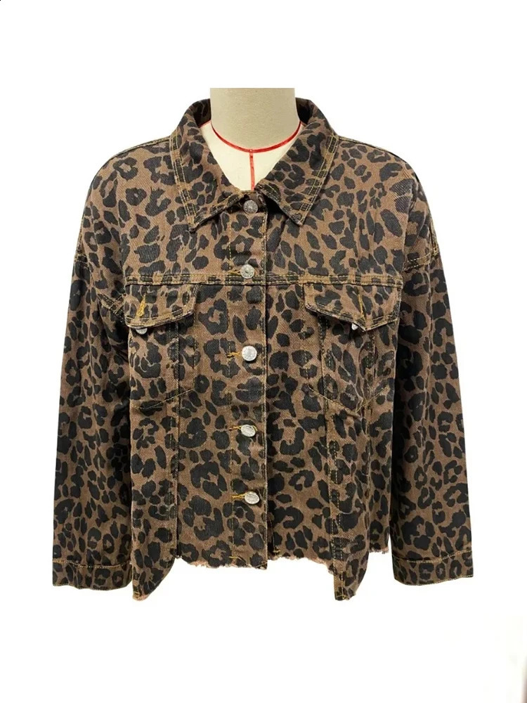 Leopard Print Denim For Women, Casual Retro Long Sleeve Loose Jean Jacket With Pockets B4