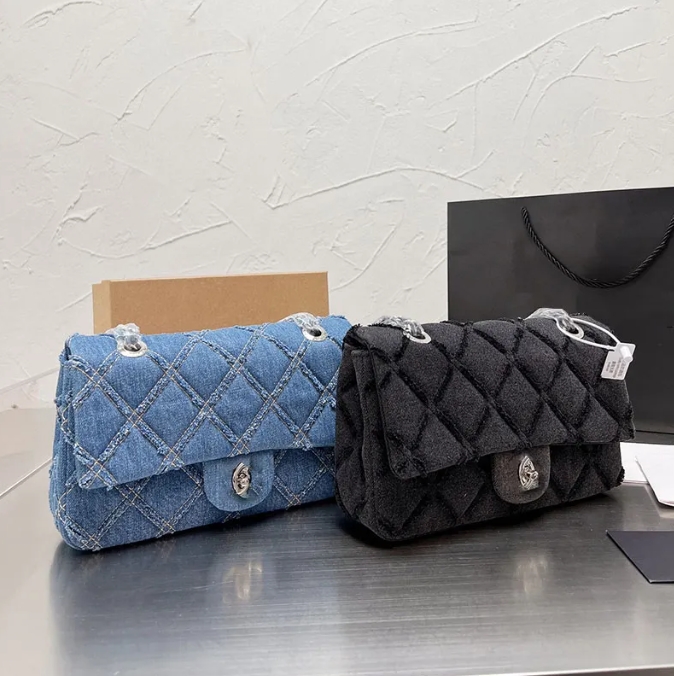 Denim Blue Flap Bag Luxury Designer Women Handbag Crossbody Tote Shopping Shoulder Vintage Embroidery Print Silver Hardware