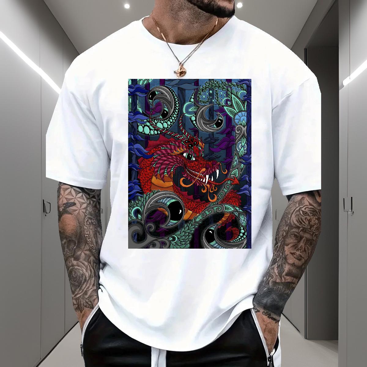 Popular Man T Shirts 100% Cotton 230g dragon Street wear Hip Hop Oversized 4XL Breathable Crew Neck Men Tops Tees 2024 Designer Clothes