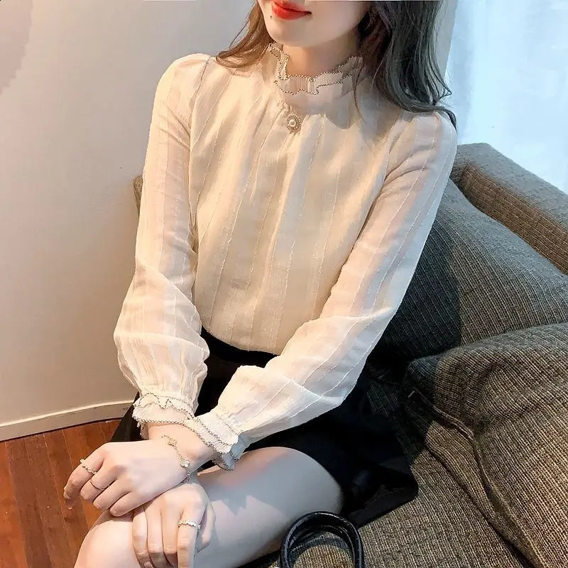 Womens fashionable retro pleated bead sweet shirt elegant and unique stand up collar chiffon womens casual long sleeved solid top 240814