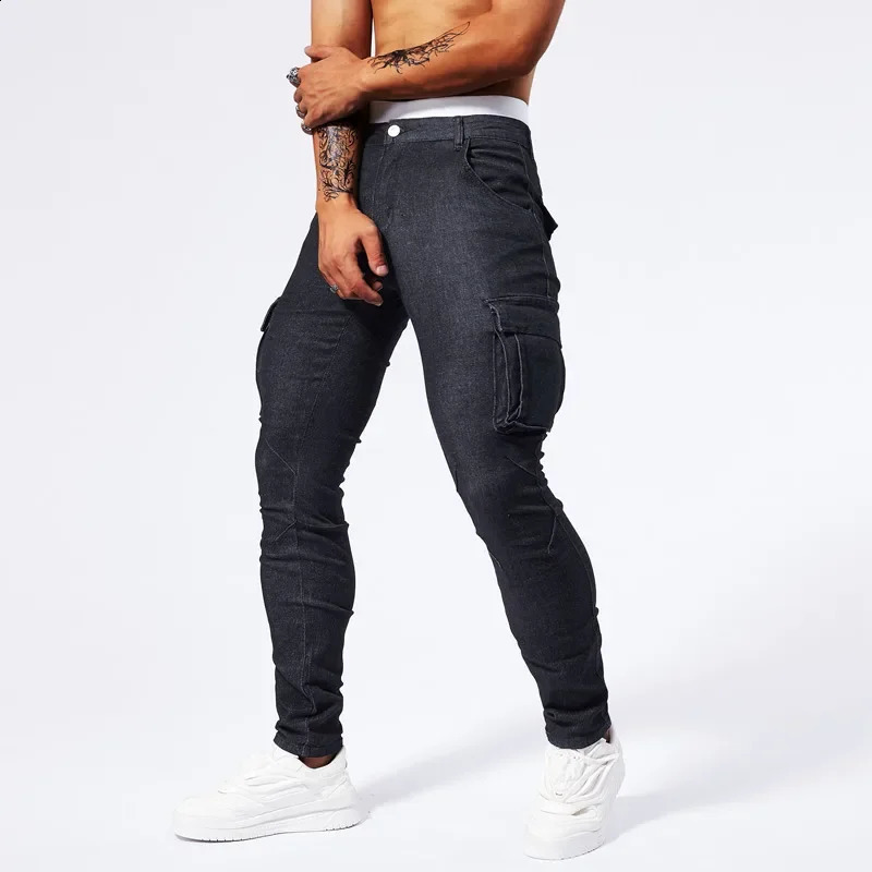 Slim Fit Large Pocket Jeans Cargo Pants for Men Fashionable Casual Hip Hop Stretch Denim Long Pants Male Streetwear Track Pants 240814