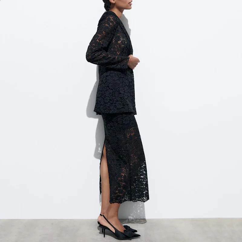 summer solid lace hollow womens suit jacket casual skirt twopiece set w240816