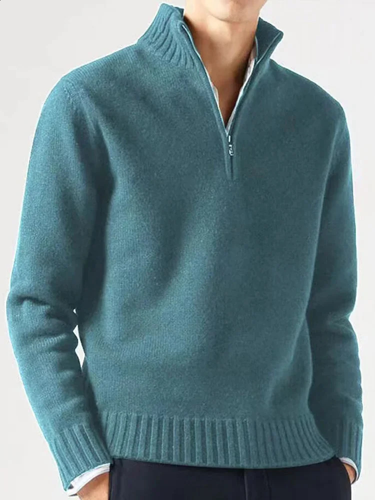 Mens Fashion Zipper Turtleneck Sweaters Casual Solid Long Sleeve Warm Knitted Pullover Winter Cashmere Thicken Jumpers 240816